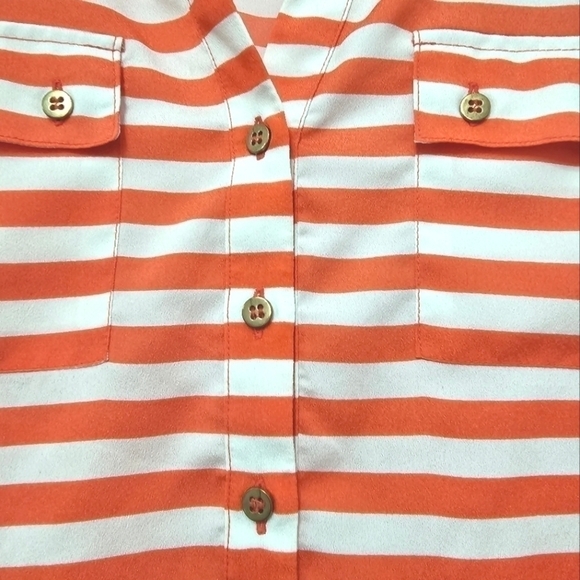 New York & Company Orange Coral White Striped Short Cap Sleeve V Neck Blouse - Picture 4 of 9